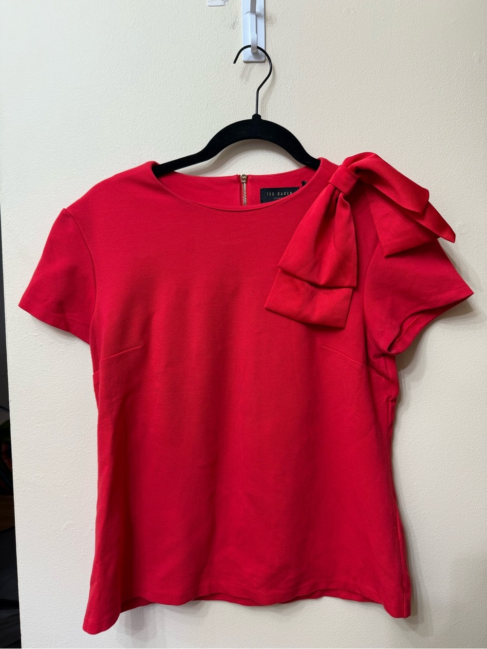 Ted Baker S Cherry Red Short Sleeve Blouse Bow Feminine Festive Statement Party